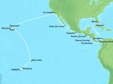 7 Seas Luxury Cruises Oceania Regatta Map Detail Papeete, French Polynesia to Miami, FL, United States March 16 April 17 2024 - 31 Days