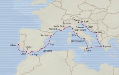 Cruises Oceania Riviera Map Detail Lisbon, Portugal to Venice, Italy July 5-24 2017 - 19 Days