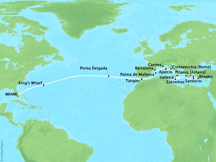 Cruises Oceania Riviera Map Detail Miami, FL, United States to Piraeus, Greece March 26 April 19 2017 - 24 Days