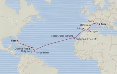 Cruises Oceania Riviera Map Detail Civitavecchia, Italy to Miami, FL, United States November 14 December 2 2017 - 18 Days