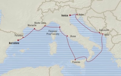 Cruises Oceania Riviera Map Detail Barcelona, Spain to Venice, Italy October 25 November 6 2017 - 12 Days