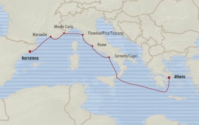 Cruises Oceania Riviera Map Detail Piraeus, Greece to Barcelona, Spain September 1-8 2017 - 7 Days