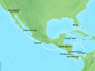 7 Seas Luxury Cruises Oceania Riviera Map Detail Los Angeles, CA, United States to Miami, FL, United States April 6-22 2024 - 16 Days