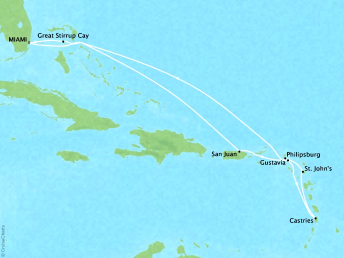Cruises Oceania Riviera Map Detail Miami, FL, United States to Miami, FL, United States December 9-19 2018 - 10 Days