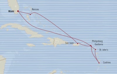 7 Seas Luxury Cruises Oceania Riviera Map Detail Miami, FL, United States to Miami, FL, United States January 13-23 2024 - 10 Days