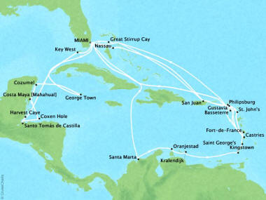 Cruises Oceania Riviera Map Detail Miami, FL, United States to Miami, FL, United States January 13 March 28 2018 - 74 Days