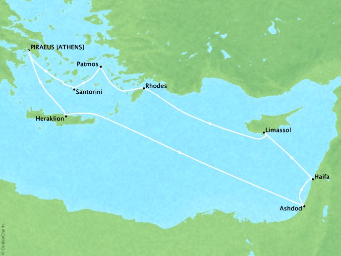 7 Seas Luxury Cruises Oceania Riviera Map Detail Piraeus, Greece to Piraeus, Greece July 12-22 2024 - 10 Days