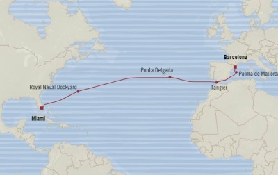 Cruises Oceania Riviera Map Detail Miami, FL, United States to Barcelona, Spain March 28 April 11 2018 - 14 Days
