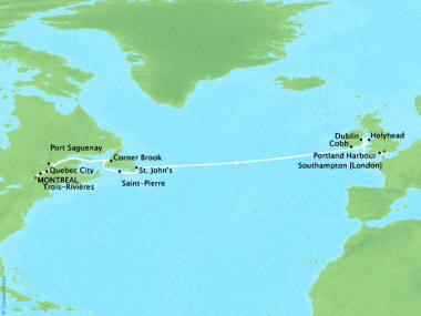 Cruises Oceania Riviera Map Detail Montreal, Canada to Southampton, United Kingdom May 8-23 2018 - 15 Days