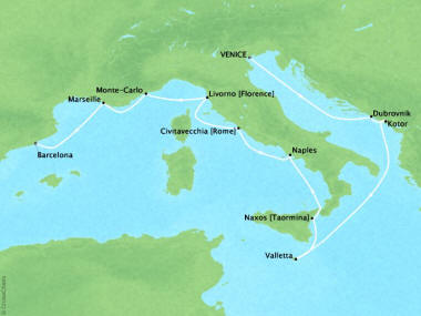 7 Seas Luxury Cruises Oceania Riviera Map Detail Venice, Italy to Barcelona, Spain November 1-13 2024 - 12 Days