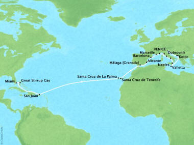 7 Seas Luxury Cruises Oceania Riviera Map Detail Venice, Italy to Miami, FL, United States November 1-27 2024 - 26 Days