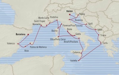 Cruises Oceania Sirena Map Detail Barcelona, Spain to Venice, Italy August 18 September 11 2017 - 24 Days