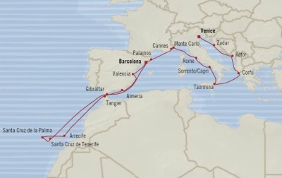 Cruises Oceania Sirena Map Detail Venice, Italy to Barcelona, Spain September 11 October 3 2017 - 22 Days