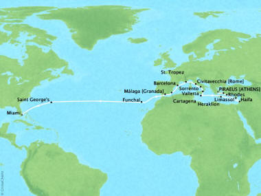 Cruises Oceania Sirena Map Detail Piraeus, Greece to Miami, FL, United States August 19 September 16 2018 - 28 Days