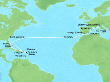 7 Seas Luxury Cruises Cruises Oceania Sirena Map Detail Civitavecchia, Italy to Miami, FL, United States August 31 September 26 2022 - 26 Days