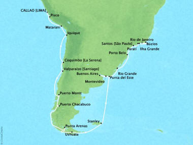 7 Seas Luxury Cruises Oceania Sirena Map Detail Callao, Peru to Rio De Janeiro, Brazil February 28 April 2 2024 - 33 Days