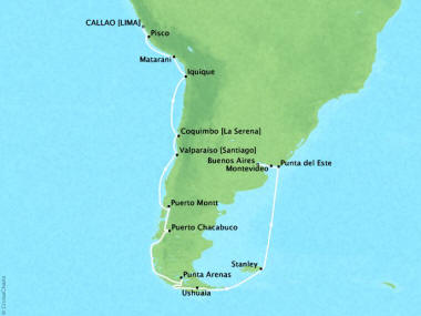 Cruises Oceania Sirena Map Detail Callao, Peru to Buenos Aires, Argentina February 28 March 21 2018 - 21 Days
