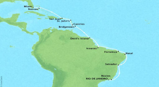 7 Seas Luxury Cruises Oceania Sirena Map Detail Rio De Janeiro, Brazil to Miami, FL, United States January 20 February 10 2024 - 21 Days