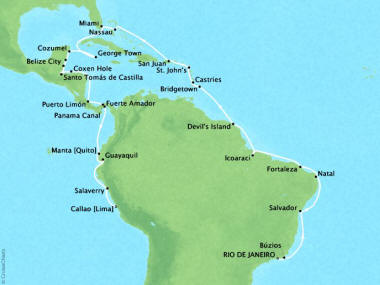 7 Seas Luxury Cruises Oceania Sirena Map Detail Rio De Janeiro, Brazil to Callao, Peru January 20 February 28 2024 - 39 Days
