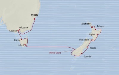 7 Seas Luxury Cruises Oceania Sirena Map Detail Auckland, New Zealand to Sydney, Australia January 20 February 3 2026 - 14 Days