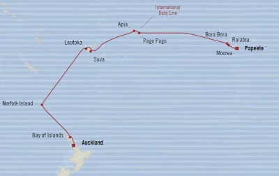 7 Seas Luxury Cruises Oceania Sirena Map Detail Papeete, French Polynesia to Auckland, New Zealand January 3-20 2026 - 17 Days