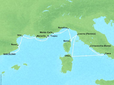 7 Seas Luxury Cruises Cruises Oceania Sirena Map Detail Barcelona, Spain to Civitavecchia, Italy July 18-30 2022 - 12 Days