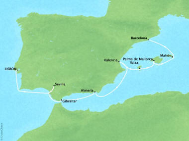 Cruises Oceania Sirena Map Detail Lisbon, Portugal to Barcelona, Spain July 8-18 2018 - 10 Days