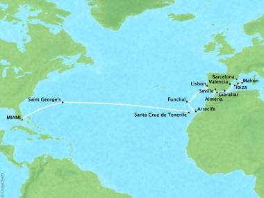 7 Seas Luxury Cruises Cruises Oceania Sirena Map Detail Miami, FL, United States to Barcelona, Spain June 23 July 18 2022 - 25 Days