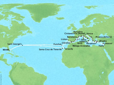 Cruises Oceania Sirena Map Detail Miami, FL, United States to Miami, FL, United States June 23 September 16 2018 - 85 Days