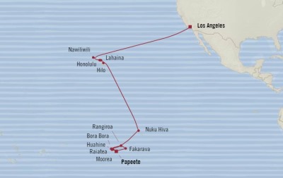 7 Seas Luxury Cruises Oceania Sirena Map Detail Papeete, French Polynesia to Los Angeles, CA, United States March 2-30 2026 - 28 Days