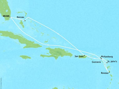 7 Seas Luxury Cruises Oceania Sirena Map Detail Miami, FL, United States to Miami, FL, United States May 4-14 2024 - 10 Days