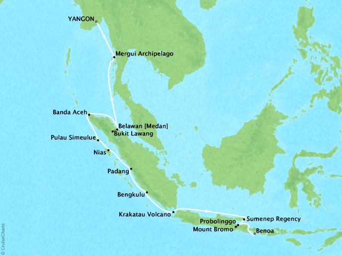 Cruises Ponant Yatch Cruises Expeditions L'Austral Map Detail Yangon, Myanmar to Benoa (Bali), Indonesia November 9-24 2017 - 14 Days