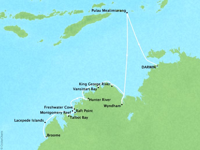 Cruises Ponant Yatch Cruises Expeditions L'Austral Map Detail Darwin, Australia to Broome, Australia August 8-18 2022 - 10 Days