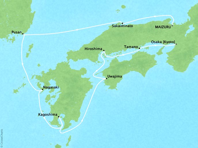 Cruises Ponant Yatch Cruises Expeditions L'Austral Map Detail Maizuru, Japan to Osaka, Japan May 3-11 2022 - 8 Days