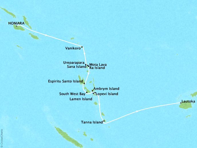 7 Seas Luxury Cruises Cruises Ponant Yatch  Expeditions L'Austral Map Detail Honiara, Solomon Islands to Lautoka, Fiji September 13-24 2022 - 11 Days