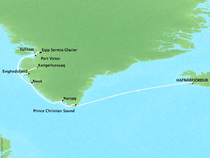 Cruises Ponant Yatch Cruises Expeditions Le Boreal Map Detail Hafnarfj�rdur, Iceland to Kangerlussuaq, Greenland August 10-20 2022 - 10 Days