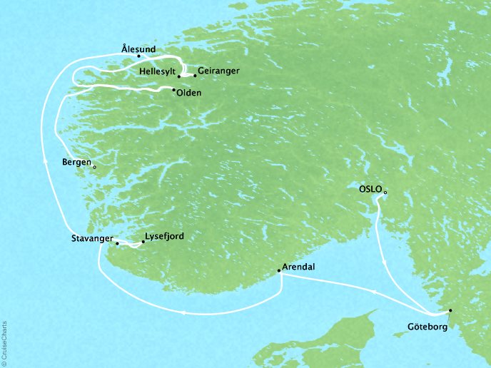 7 Seas Luxury Cruises Cruises Ponant Yatch  Expeditions Le Boreal Map Detail Oslo, Norway to Bergen, Norway June 15-22 2022 - 7 Days