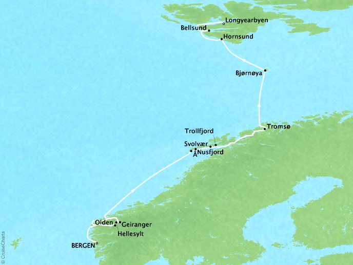 Cruises Ponant Yatch Cruises Expeditions Le Boreal Map Detail Bergen, Norway to Longyearbyen, Svalbard And Jan Mayen June 22 July 2 2022 - 10 Days