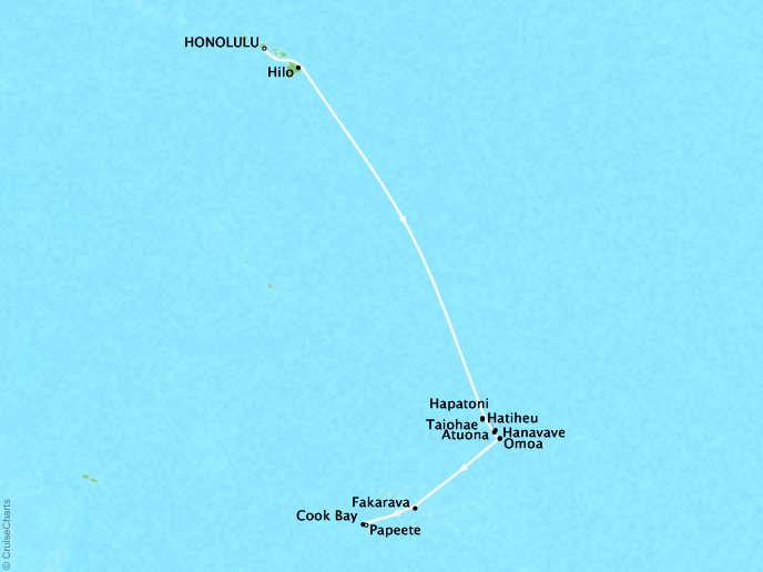 7 Seas Luxury Cruises Cruises Ponant Yatch  Expeditions Le Boreal Map Detail Honolulu, HI, United States to Papeete, French Polynesia October 4-18 2022 - 14 Days