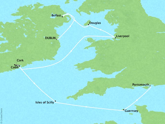 Cruises Ponant Yatch Cruises Expeditions Le Soleal Map Detail Dublin, Ireland to Portsmouth, England May 1-8 2021 - 7 Days
