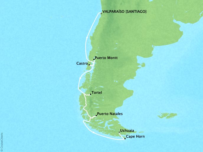 Cruises Ponant Yatch Cruises Expeditions Le Soleal Map Detail Valpara�so, Chile to Ushuaia, Argentina November 1-14 2017 - 14 Days