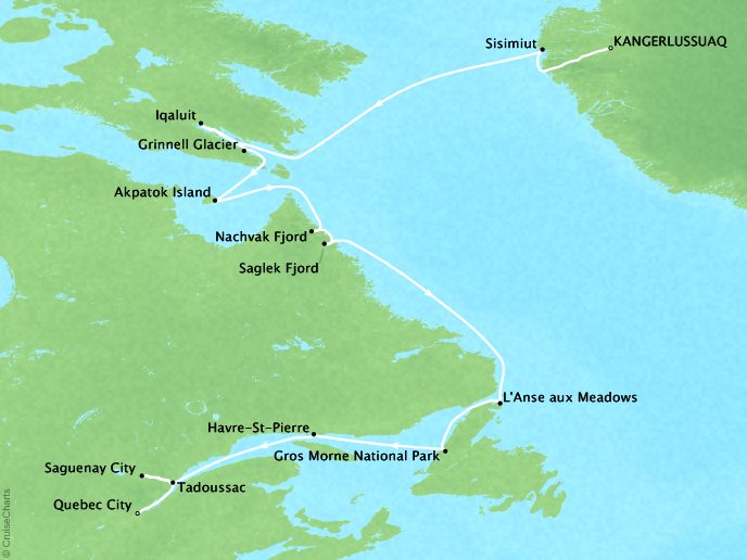Cruises Ponant Yatch Cruises Expeditions Le Soleal Map Detail Kangerlussuaq, Greenland to Qu�bec City, Canada September 6-20 2021 - 14 Days