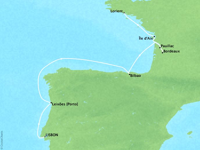 Cruises Ponant Yatch Cruises Expeditions Le Soleal Map Detail Lisbon, Portugal to Lorient, France April 11-19 2022 - 8 Days