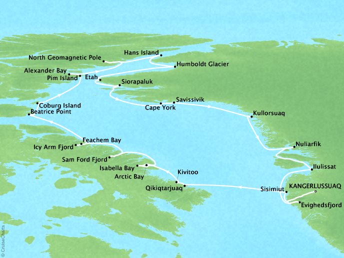 7 Seas Luxury Cruises Cruises Ponant Yatch  Expeditions Le Soleal Map Detail Kangerlussuaq, Greenland to Kangerlussuaq, Greenland July 29 August 14 2022 - 16 Days