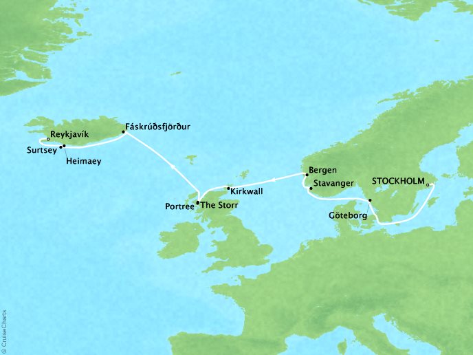 7 Seas Luxury Cruises Cruises Ponant Yatch  Expeditions Le Soleal Map Detail Stockholm, Sweden to Reykjavk, Iceland June 23 July 3 2022 - 10 Days