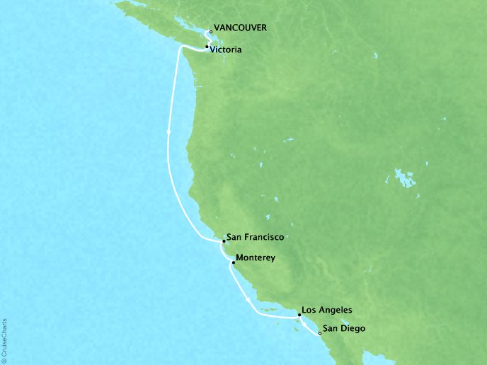 Cruises Ponant Yatch Cruises Expeditions Le Soleal Map Detail Vancouver, Canada to San Diego, CA, United States October 2-9 2022 - 7 Days