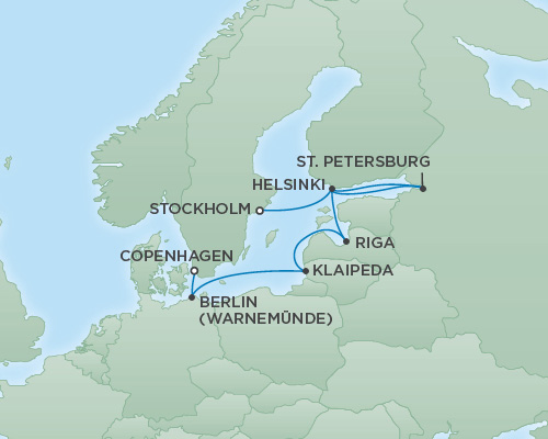 7 Seas Luxury Cruises Cruises RSSC Regent Seven Explorer Map Detail Copenhagen, Denmark to Stockholm, Sweden August 14-24 2022 - 10 Days