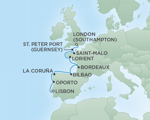 Just Regent Seven Seas Cruises Cruises RSSC Regent Seven Explorer Map Detail Lisbon, Portugal to London (Southampton), England May 22-31 2025 - 9 Days