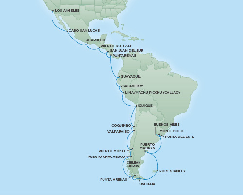 Just Regent Seven Seas Cruises Cruises RSSC Regent Seven Explorer Map Detail Buenos Aires, Argentina to Los Angeles, California February 1 March 9 2024 - 36 Days