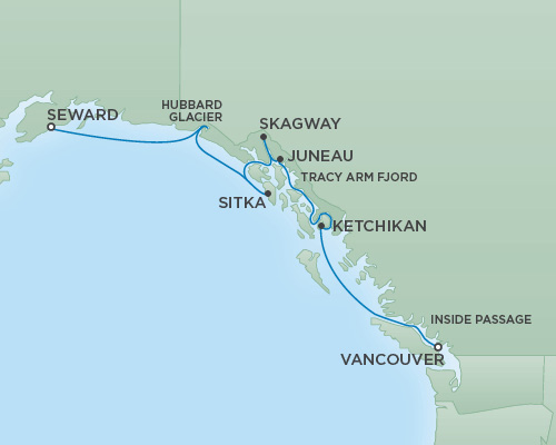 7 Seas Luxury Cruises RSSC Regent Seven Mariner Map Detail Vancouver, Canada to Anchorage (Seward), Alaska July 11-18 2024 - 7 Days